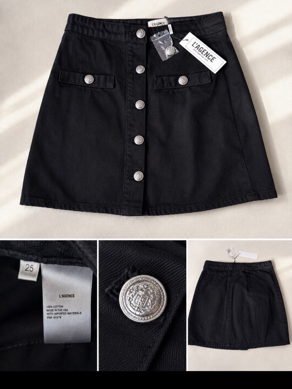 L'AGENCE Black Button-Front Mini Skirt